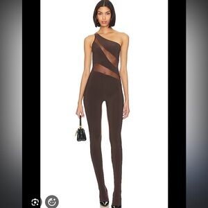 Norma Kamali SNAKE MESH CATSUIT WITH FOOTSIE IN CHOCOLATE